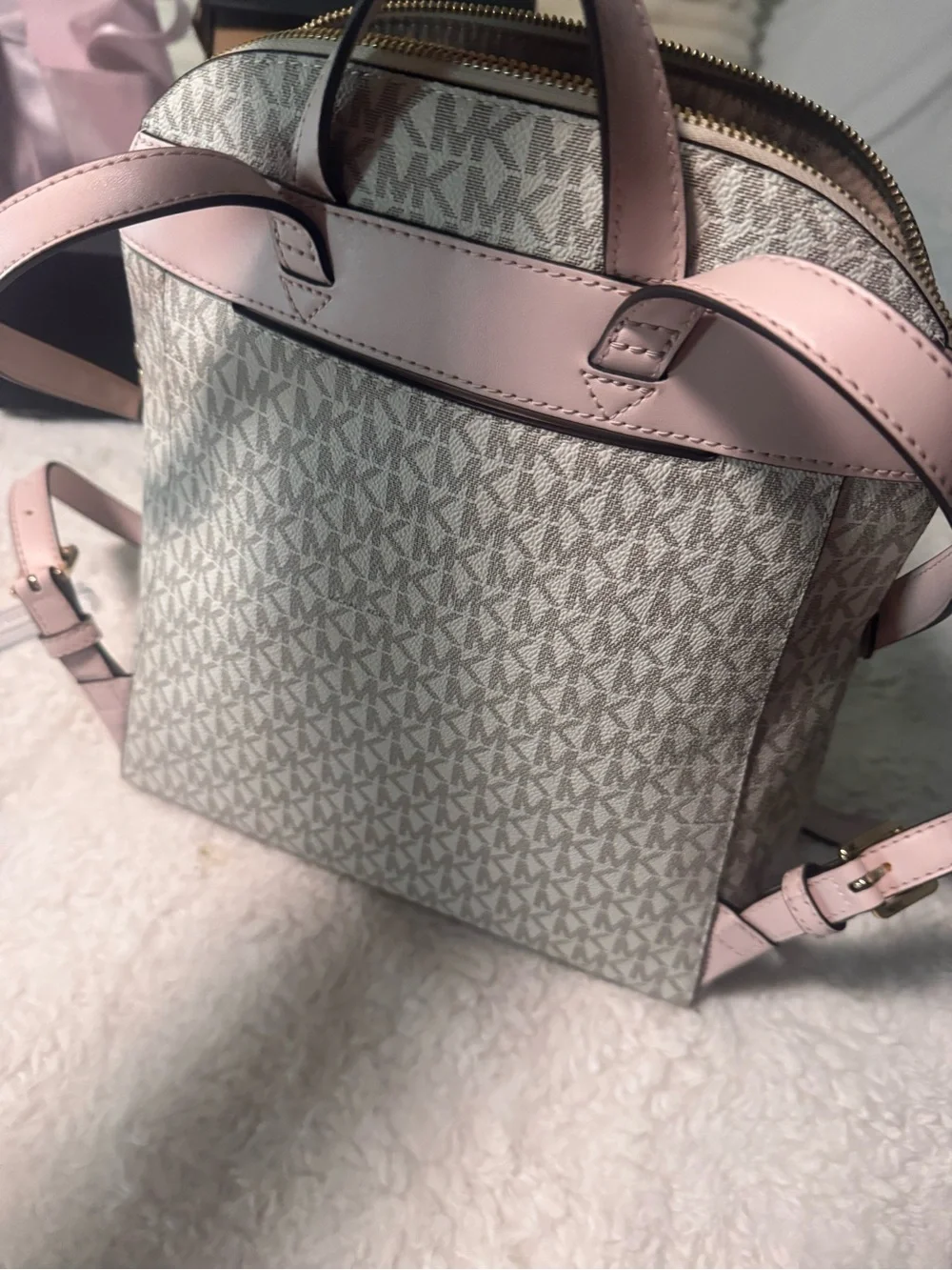 Michael Kors Beige MK Monogram Backpack with Pink Trim